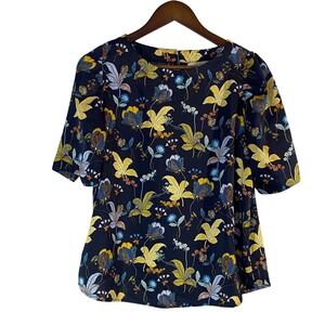 LOFT Petites Blouse Women's M Petite Black‎ Floral Print Short Sleeve Blouse